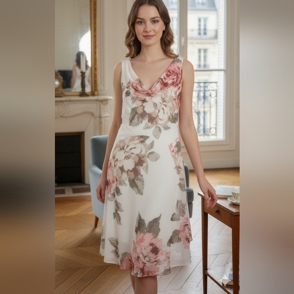 Robbie Bee Y2K Floral Chiffon Midi Dress Cowl Neck 14 Cottage Fairy Romantic